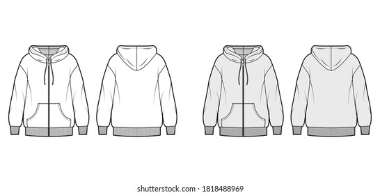 Zip-up oversized cotton-fleece hoodie technical fashion illustration with pocket, relaxed fit, long sleeves. Flat jumper template front, back, white, grey color. Women, men, unisex sweatshirt top CAD