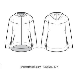 Zip-up oversized cotton-fleece hoodie technical fashion illustration with zipper jetted pockets, relaxed fit, long sleeves. Flat jumper template front, back, white color. Women, men sweatshirt top CAD