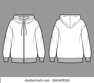 Zip-up oversized cotton-fleece hoodie technical fashion illustration with relaxed fit, long sleeves. Flat jumper apparel template front, back, white color. Women, men, unisex sweatshirt top CAD mockup