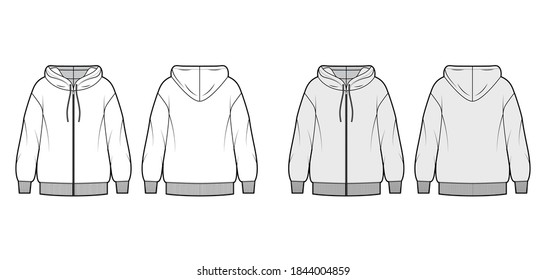 Zip-up oversized cotton-fleece hoodie technical fashion illustration with relaxed fit, long sleeves. Flat jumper apparel template front, back, white, grey color. Women, men, unisex sweatshirt top CAD