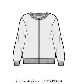 Zip-up oversized cotton-terry sweatshirt technical fashion illustration with scoop neckline, long sleeves, ribbed trims. Flat outwear jumper apparel template front grey color. Women men unisex top 