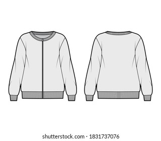 Zip-up oversized cotton-terry sweatshirt technical fashion illustration with scoop neckline, long sleeves, ribbed trims. Flat jumper apparel template front back white color. Women, men unisex top CAD