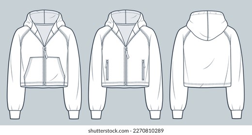 Zip-up Raglan sleeve Hoodie technical fashion illustration. Hooded Sweatshirt fashion technical drawing template, crop, raw, oversize, front and back view, white, women, men, unisex CAD mockup set.