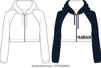 Zip-up Raglan sleeve Hoodie technical fashion illustration. Hooded Sweatshirt fashion technical drawing template, crop, raw, oversize. Vector illustration. 