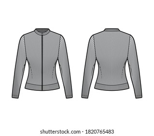 Zip-up gerippte Baumwolle-Jersey Sweatshirt technische Mode Illustration mit langen Ärmeln, Einbaukörper, Crewhals. Flatte Jumper Bekleidung Vorder-, Rückseite graue Farbe. Frauen mit unisex-top gestricktem Motiv