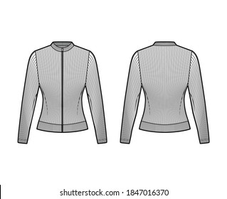 Zip-up ribbed cotton-jersey sweatshirt technical fashion illustration with long sleeves, fitted body, crew neck. Flat jumper apparel template front, back, white color. Women men unisex top knit mockup
