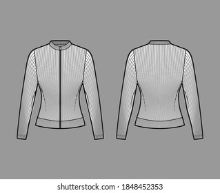 Zip-up ribbed cotton-jersey sweatshirt technical fashion illustration with long sleeves, fitted body, crew neck. Flat jumper apparel template front, back, white color. Women men unisex top knit mockup