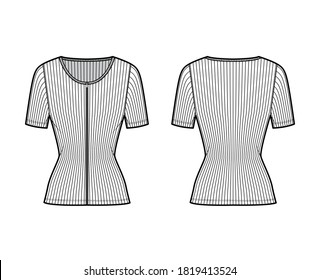 Zip-up ribbed cotton-jersey top technical fashion illustration with short sleeves, slim fit, scoop henley neckline. Flat outwear shirt apparel template front, back, white color. Women men unisex knit