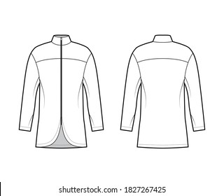 Zip-up shirt technical fashion illustration with relaxed fit, high neckline, back round yoke, front, long sleeves. Flat blazer apparel template front, back white color. Women men unisex top CAD mockup svg