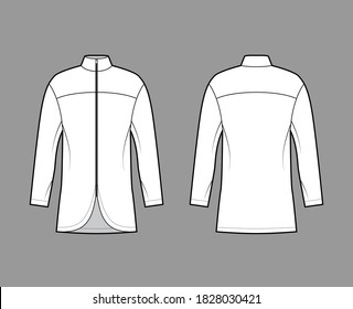 Zip-up shirt technical fashion illustration with relaxed fit, high neckline, back round yoke, front, long sleeves. Flat blazer apparel template front, back white color. Women men unisex top CAD mockup