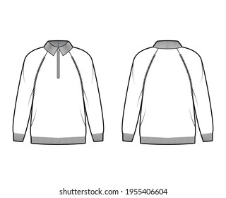 Zip-up Sweater technical fashion illustration with henley neck, classic collar, long raglan sleeves, oversized, knit rib trim. Flat apparel front, back, white color style. Women, men unisex CAD mockup