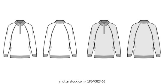 Zip-up Sweater technical fashion illustration with classic collar, long raglan sleeves, oversized, hip length, knit rib trim. Flat apparel front, back, white grey color style. Women, unisex CAD mockup