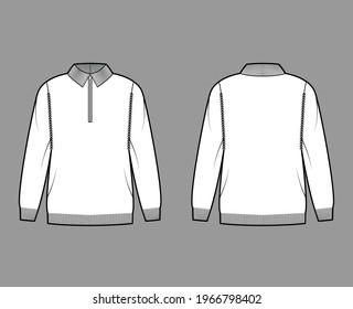 Zip-up Sweater technical fashion illustration with rib henley neck, classic collar, long sleeves, oversized, hip length, knit trim. Flat apparel front, back, white color. Women, men unisex CAD mockup