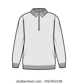 Zip-up Sweater technical fashion illustration with rib henley neck, classic collar, long sleeves, oversized, hip length, knit trim. Flat apparel front, grey color. Women, men unisex CAD mockup