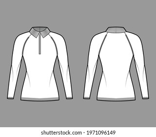 Zip-up Sweater technical fashion illustration with rib henley neck, long raglan sleeves, fitted body, hip length, knit trim. Flat apparel front, back, white color style. Women, men unisex CAD mockup