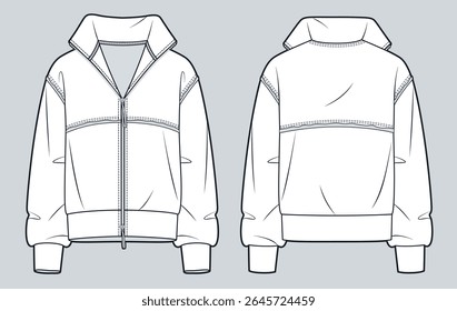 Zip-up Sweatshirt with raw edges technical fashion illustration. Sweatshirt fashion flat technical drawing template, oversized, front and back view, white, women, men, unisex CAD mockup.