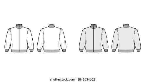 Zip-up turtleneck cropped cotton-terry sweatshirt technical fashion illustration with puffed shoulders, elbow sleeves. Flat jumper apparel template front back white grey color. Women, men unisex top