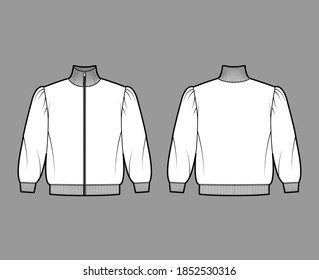 Zip-up turtleneck cropped cotton-terry sweatshirt technical fashion illustration with puffed shoulders, elbow sleeves. Flat outwear jumper apparel template front back white color. Women men unisex top