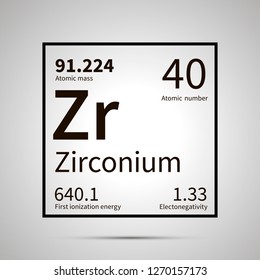 Zirconium chemical element with first ionization energy, atomic mass and electronegativity values ,simple black icon with shadow on gray