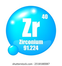 Ícone de zircônio. Elemento químico de Zr. Número atômico 40. Massa 91.224. Esfera azul.