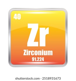 Ícone de zircônio. Elemento químico de Zr. Número atômico 40. Massa 91.224. Imagem quadrada amarela. Símbolo de vetor.