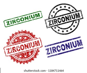 ZIRCONIUM seal prints with corroded surface. Black, green,red,blue vector rubber prints of ZIRCONIUM caption with dust surface. Rubber seals with circle, rectangle, medal shapes.
