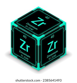 Zirconium (Zr) (040) - Fundamental Element Futuristic Cybernetic Cube Block Isometric View, Icon Isolated White Background, Periodic Table, Chemical Symbol, Name, Atomic Mass, Atomic Number