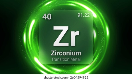 Zirconium (Zr) (040) Transition Metal, Glass Morphism Element Futuristic Neon Light Glow Background Periodic Table, Chemical Symbol, Name, Atomic Mass, Atomic Number, Vector Illustration