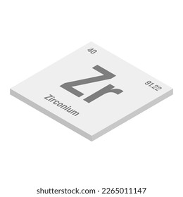 Zirconium, Zr, gray 3D isometric illustration of periodic table element with name, symbol, atomic number and weight. Transition metal with various industrial uses, such as in certain types of nuclear