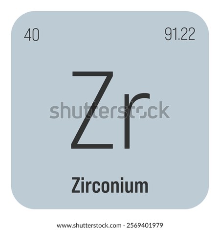 Zirconium, Zr, periodic table element with name, symbol, atomic number and weight. Transition metal with various industrial uses, such as in certain types of nuclear reactors, certain types of glass