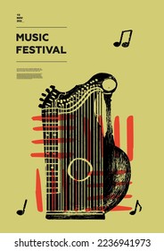 Zither, folk. Music festival poster. String musical instruments. Competition. A set of vector illustrations. Minimalistic design. Banner, flyer, cover, print.