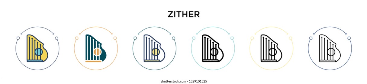 Zither icon in filled, thin line, outline and stroke style. Vector illustration of two colored and black zither vector icons designs can be used for mobile, ui, web