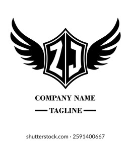 ZJ bold shield logo with wings, customizable with letters A to Z. Perfect for brands seeking a powerful symbol of strength, freedom, and ambition