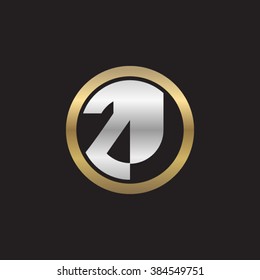 ZJ initial letters circle elegant logo golden silver black background