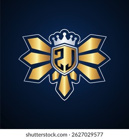 ZJ initial letters monogram logo for gaming with shield and eagle wing