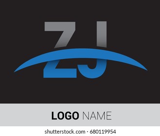 ZJ initial logo company name colored grey and blue swoosh design.