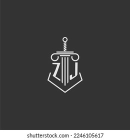 ZJ initial monogram law firm with sword and pillar logo design