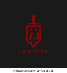 ZJ Anfangsmonogramm für Anwaltskanzlei mit Schwert und Schild Logo Bild