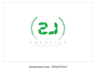 ZJ letters eco logo with leaf. Fresh nature and healthy leaf logo design.