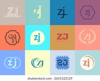 ZJ logo company template. Letter z and j logotype. Set different classic serif lettering and modern bold text with design elements. Initial font typography. Collection trendy business identity.