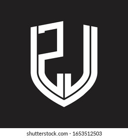 Monograma del logotipo ZJ con diseño de escudo de emblemas aislado en fondo negro
