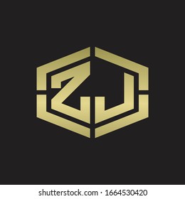 Monograma ZJ con forma hexagonal y adorno de diseño redondeado en la línea de la pieza con colores dorados