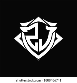 Monograma del logotipo ZJ con plantilla de diseño de forma de escudo y cuerno ON fondo negro