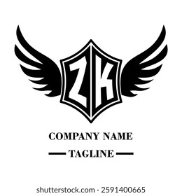 ZK bold shield logo with wings, customizable with letters A to Z. Perfect for brands seeking a powerful symbol of strength, freedom, and ambition