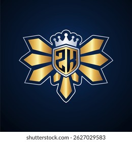 ZK initial letters monogram logo for gaming with shield and eagle wing