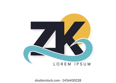 ZK letter logo with ocean waves and sunset. Beach concept design