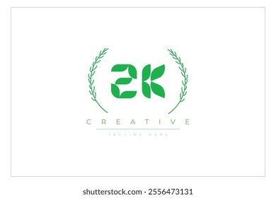 ZK letters eco logo with leaf. Fresh nature and healthy leaf logo design.