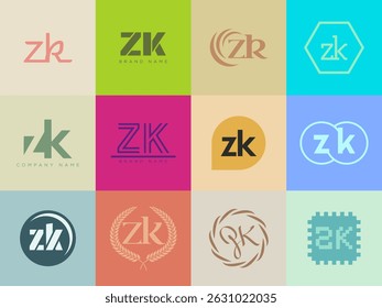 ZK logo company template. Letter z and k logotype. Set different classic serif lettering and modern bold text with design elements. Initial font typography. Collection trendy business identity.