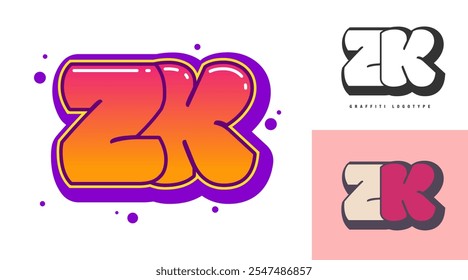 ZK logo design for festival or party. Initial letter z and k in graffiti style. Creative modern lettering company name of font typography. Kids trendy logotype or identity. Vector illustration.