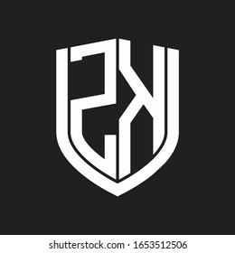 Monograma del logotipo ZK con diseño de escudo de emblemas aislado en fondo negro